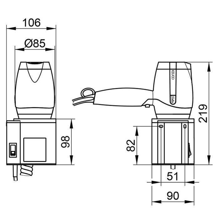 Keuco Plan Фен для волос, напряжение 230 Вольт, вкл/выкл, 3 ступени нагрева, 2 скорости, защита от перегрева, скрытый крепеж в к-те цвет: хром/black