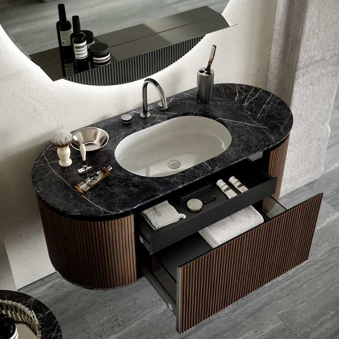 Oasis Naos Композиция №4 Комплект мебели 126х56xh45см, подвесной, мраморный топ nero marquinia, цвет: орех трубчатый/хром