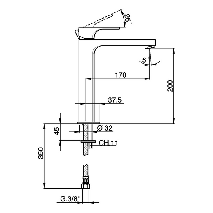 Cisal Cubic Смеситель для раковины на 1 отв., h20см., без донного клапана, цвет: Nichel Spazzo