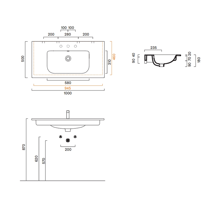 Catalano Italy Раковина 100х50см, без отв., цвет: белый глянцевый