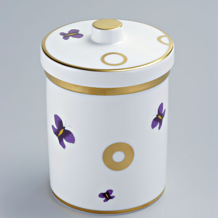 THG CAPUCINE MAUVE DECOR OR Банка керамическая с крышкой, настольная, декор золото/лиловый, цвет: белый