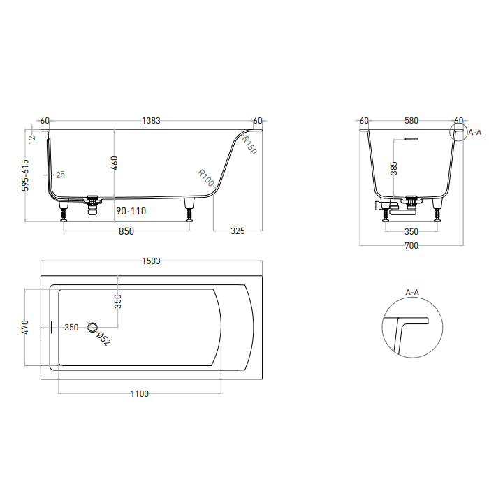 Salini Cascata Kit Ванна 150x70х62.5см., встраиваемая, S-Sense, цвет: белый матовый