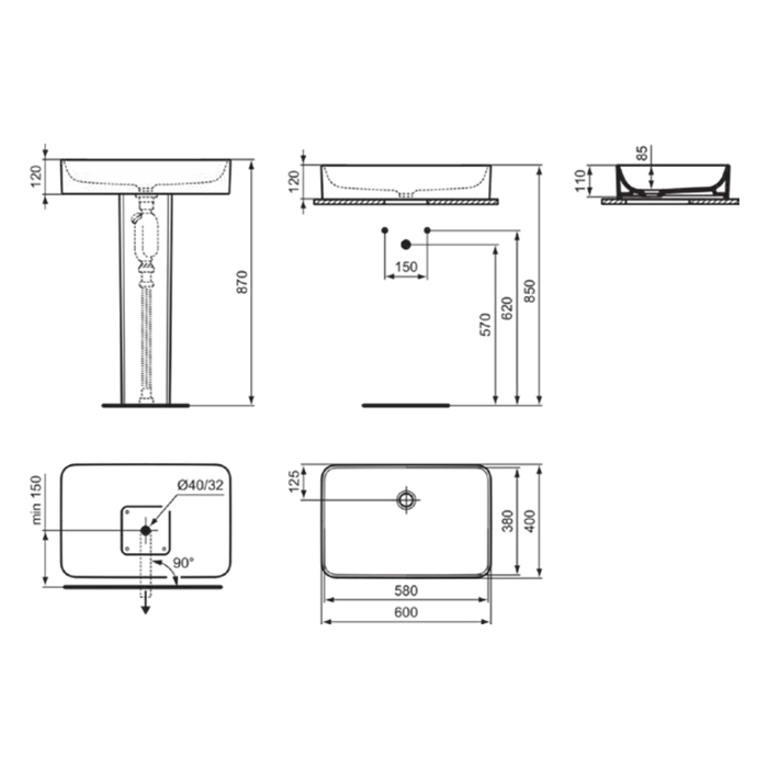 Ideal Standard Conca Раковина накладная 60х40хh12см, прямоугольная, без отв., с крепежом, цвет: белый