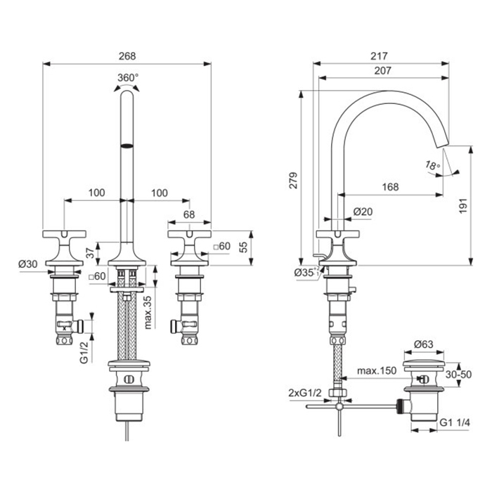 Ideal Standard Joy Neo Смеситель для раковины, на 3 отв., с донным клапаном, цвет: PVD Magnetic Grey