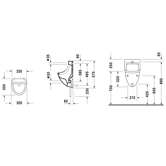  Duravit Starck 3 Писсуар подвесной 35х35см., подача воды сзади, с вытяжкой, сток внутренний вертикальный или горизонтальный, включая крепление, цвет: белый