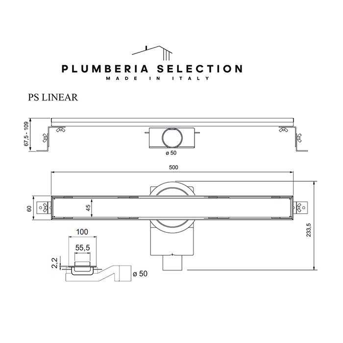 Plumberia Selection Трап душевой PS LINEAR 6x50 2устор. накладка из нерж.стали, комбинир.затвор с горизонт. Выпуском Ду 50мм,40л/мин, цвет: нержавеющая сталь