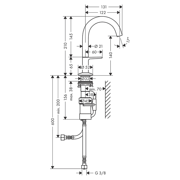 Axor One Смеситель для раковины Sel 140, на 1 отв., с донным клапаном Push-Open, цвет: сталь