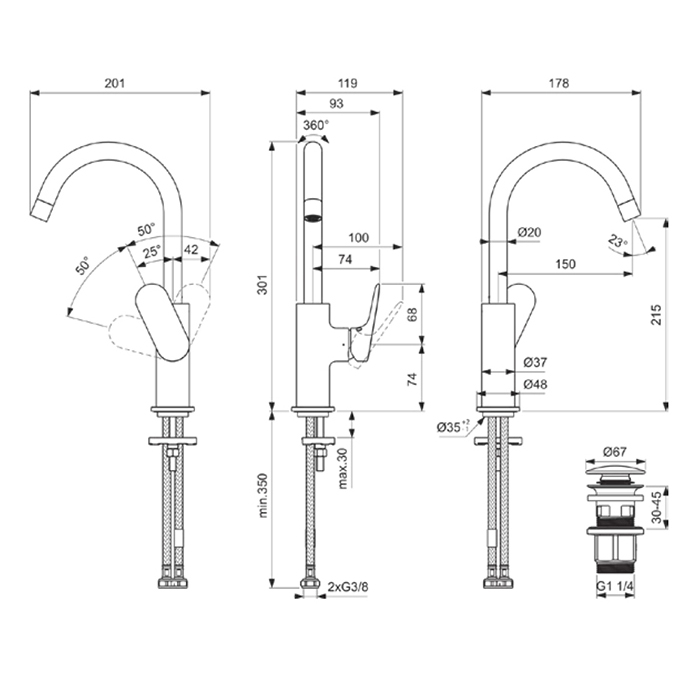 Ideal Standard Ceralife O Смеситель для раковины, на 1 отв., H21.5см., с поворотным изливом, с донным клапаном,  цвет: хром