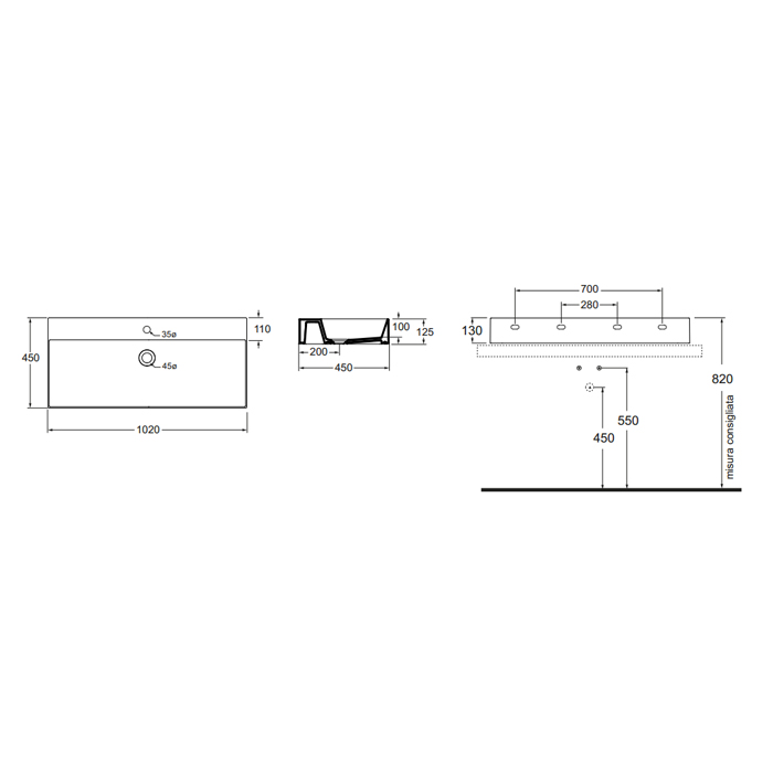 Azzurra Elegance Squared Раковина подвесная/накладная, 102x45xH12,5 см, 1 отв., цвет: Bianco lucido