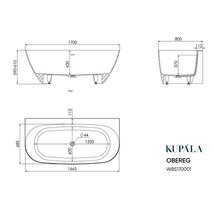 Kupala Obereg Ванна пристенная, 170x80x61см, искусственный камень, цвет: белый матовый