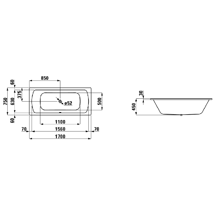 Laufen Pro Ванна встраиваемая, 170x75см., эмалированная сталь (3,5 мм), с центральным выпуском,  шумоизоляционное покрытие, без отверстий для ручек, с антискользящим покрытием, цвет: белый