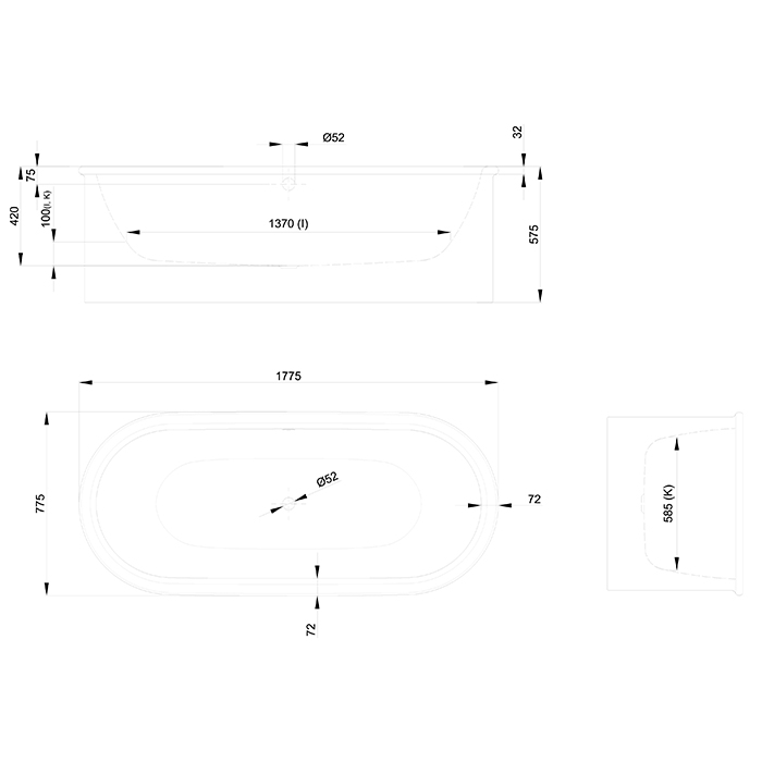 BETTE Suno Oval Ванна отдельностоящая 177×77см, с шумоизоляцией и экраном, цвет: белый