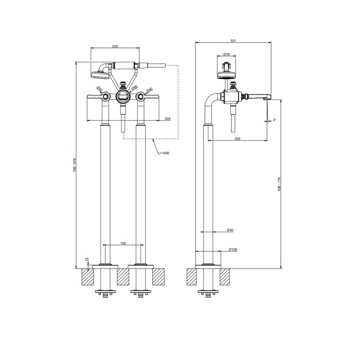 Gessi Venti20 Смеситель для ванны напольный, двухвентильный, с ручным душем и шлангом 1500 мм., внешняя часть, цвет: Brass PVD