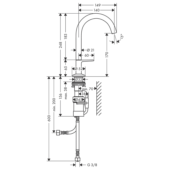 Axor One Смеситель для раковины Sel 170, на 1 отв., с донным клапаном Push-Open, цвет: сталь