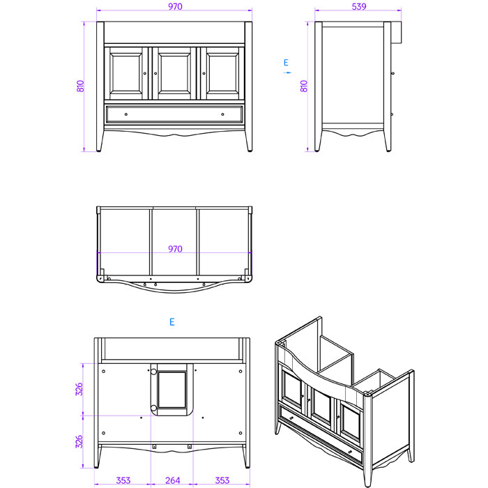 TW Veronica Nuovo комплект мебели с 1-м выдвижным ящиком и 3-мя дверцами, с доводчиками Blum, ручки: бронза, 105см, напольный, Цвет: noce