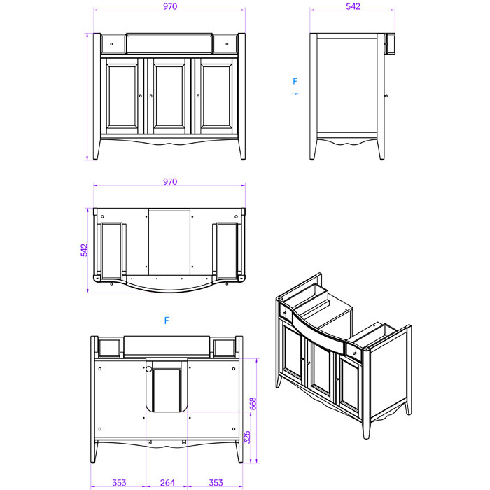 TW Veronica Nuovo комплект мебели с 2-мя выдвижными ящиками и 3-мя дверцами, с доводчиками Blum, ручки: бронза, 105см, напольный, Цвет: noce 