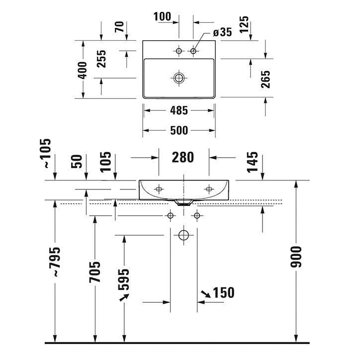 Duravit DuraSquare Раковина накладная 50х40см, без перелива, 2 отв., цвет: белый