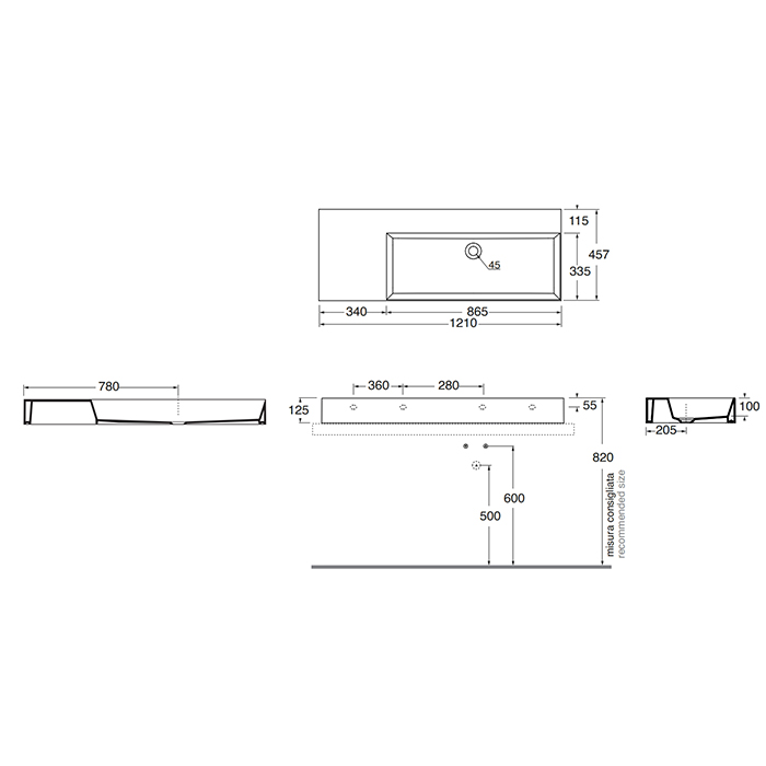 Azzurra Elegance Squared Раковина подвесная/накладная, 122x46xH12,5 см, левая, без отв., цвет: Bianco lucido