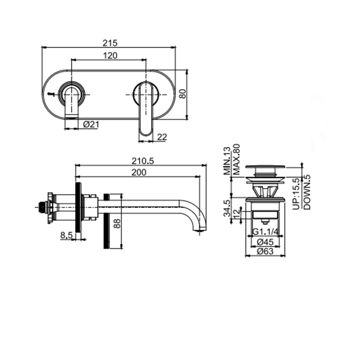 Fima Carlo Frattini Park Lane Смеситель для раковины, встраиваемый, на пластине, излив: 20см., донный клапан click-clack, цвет: хром