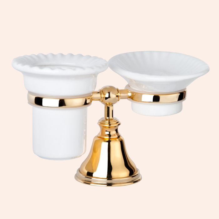 TW Harmony 141, настольный держатель с мыльницей и стаканом, керамика (бел), цвет: золото