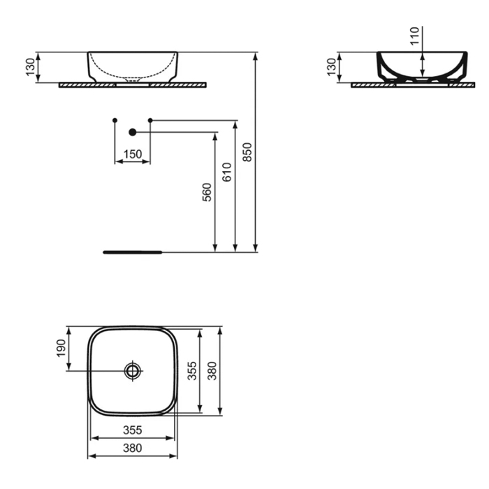 Ideal Standard i.life Раковина 38х38х13см., накладная, без отв., без перелива, без крепежа, цвет: белый глянцевый	