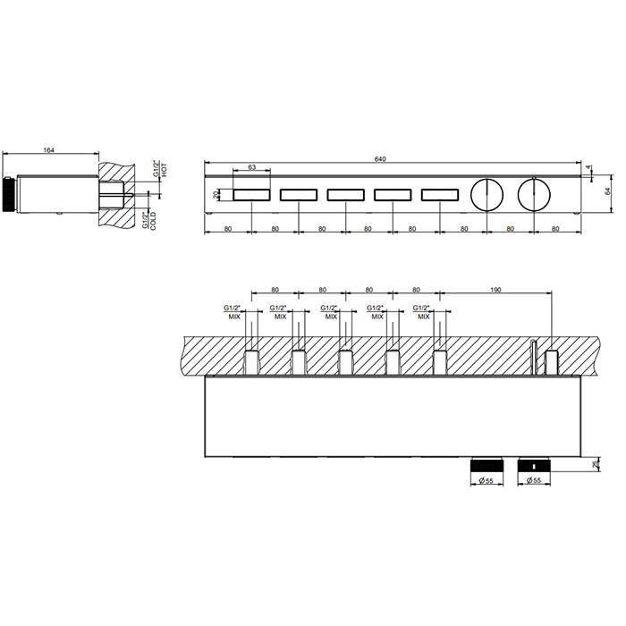 Gessi Hi-Fi Встраиваемые части для термостатического смесителя с полочкой, до 5 источников одновременно, 1/2" соединение., цвет: хром