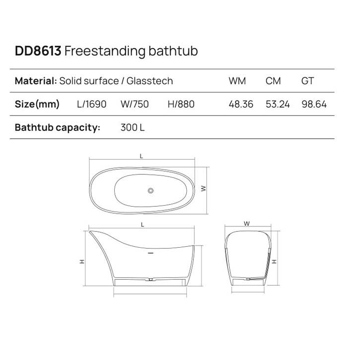 Dea Design Elegant Ванна 169x75x88см., отдельностоящая, Solid Surface, цвет: White №18