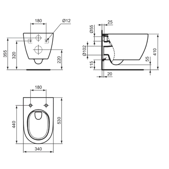 Ideal Standard I.life O Унитаз подвесной 35x53см, безободковый, смыв HydroTwist, крепление, сиденье soft-close. цвет: белый