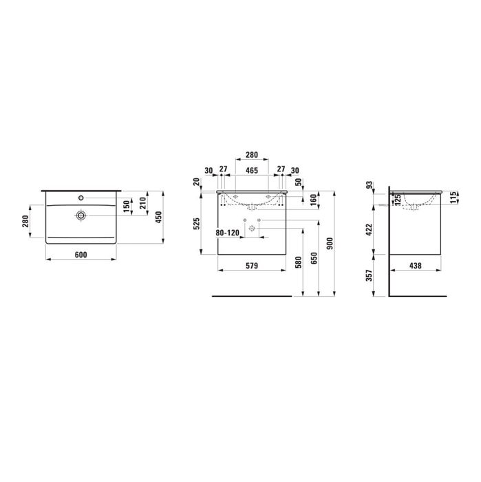 Laufen Palace Комплект мебели 600х450х545 мм., с раковиной Slim, 2 ящика, органайзер для ящика, ручка анодированный алюминий, цвет: интенсивный серый