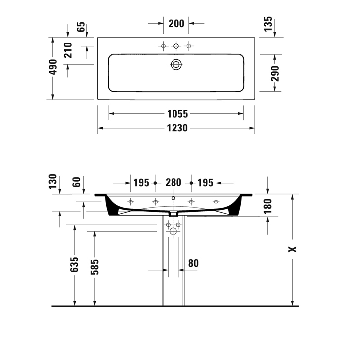 Duravit ME by Starck Раковина подвесная 123х49см, с площадкой, с 1 отв., по центру, цвет: белый