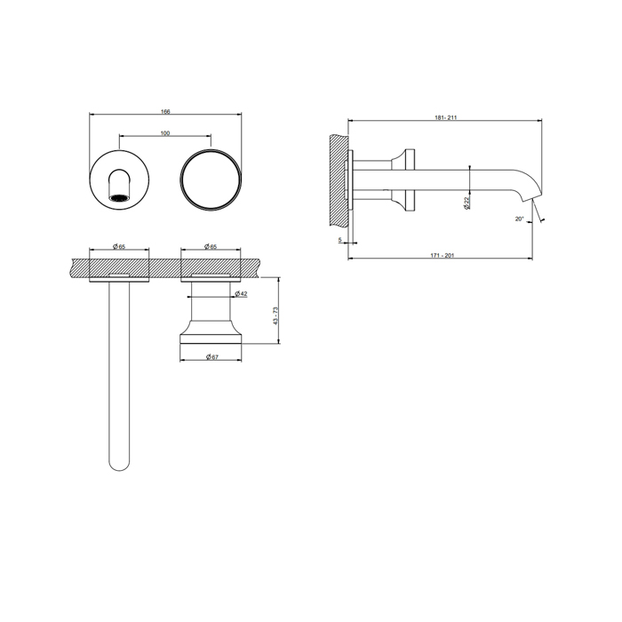 Gessi Origini Смеситель для раковины встраиваемый с изливом, цвет: Nickel PVD