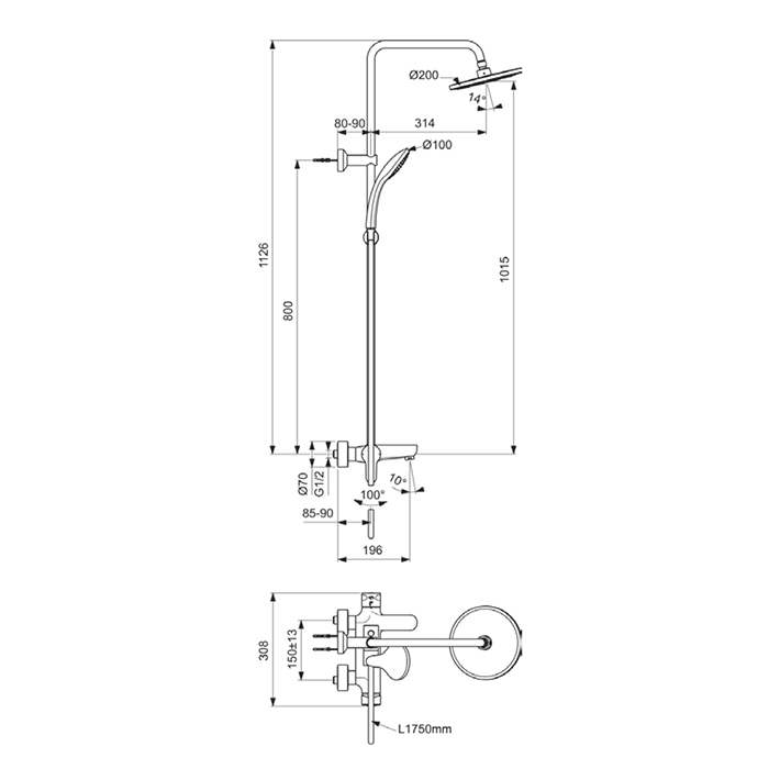 Ideal Standard IdealRain Cerafine O Душевая система с настенным смесителем, верхним душем Ø20см., держателем, лейкой для душа и шлангом 175см., цвет: черный матовый