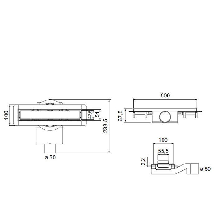 Plumberia Selection Трап душевой PS MODULAR 4x60 2устор. накладка из нерж.стали, комбинир.затвор с горизонт. Выпуском Ду 50мм,40л/мин, цвет: черный матовый