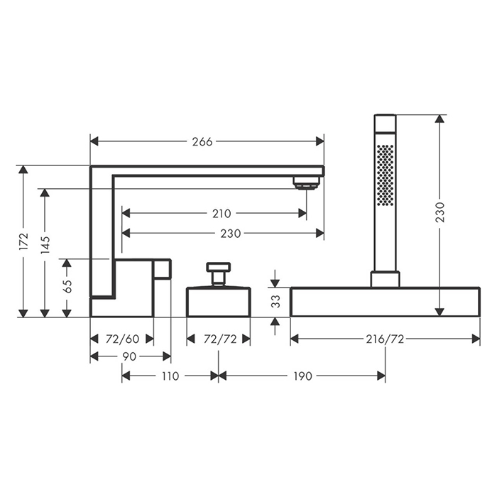 Axor Edge Смеситель на борт ванны, на 3 отв., с ручным душем, излив 210мм, алмазная огранка, цвет: золото