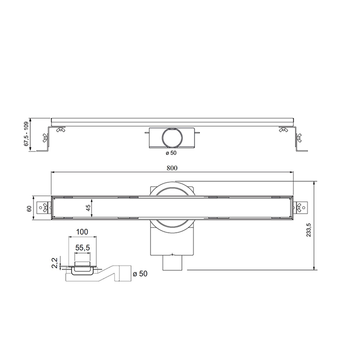 Plumberia Selection Трап душевой PS LINEAR 6x80 2устор. накладка из нерж.стали, комбинир.затвор с горизонт. Выпуском Ду 50мм,40л/мин, цвет: золото 24К