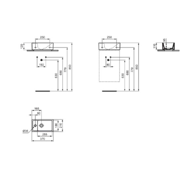 Ideal Standard i.life S Раковина 37х21xh12см., подвесная, с 1 отв., Sx, без перелива, цвет: белый глянец