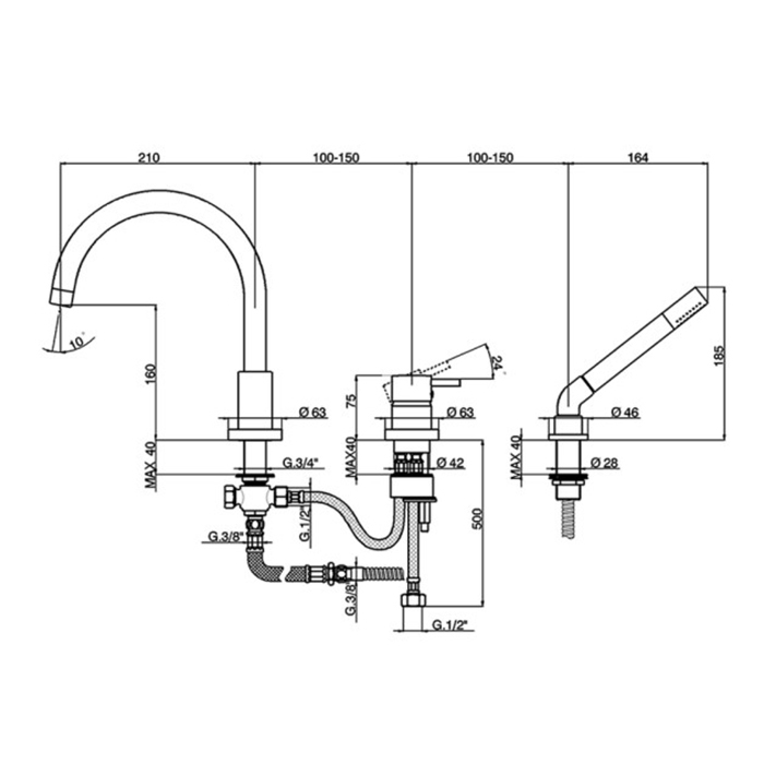 Cisal Less New Смеситель для ванны, на 3 отверстия, с ручной лейкой, шлангом, цвет: темная матовая латень