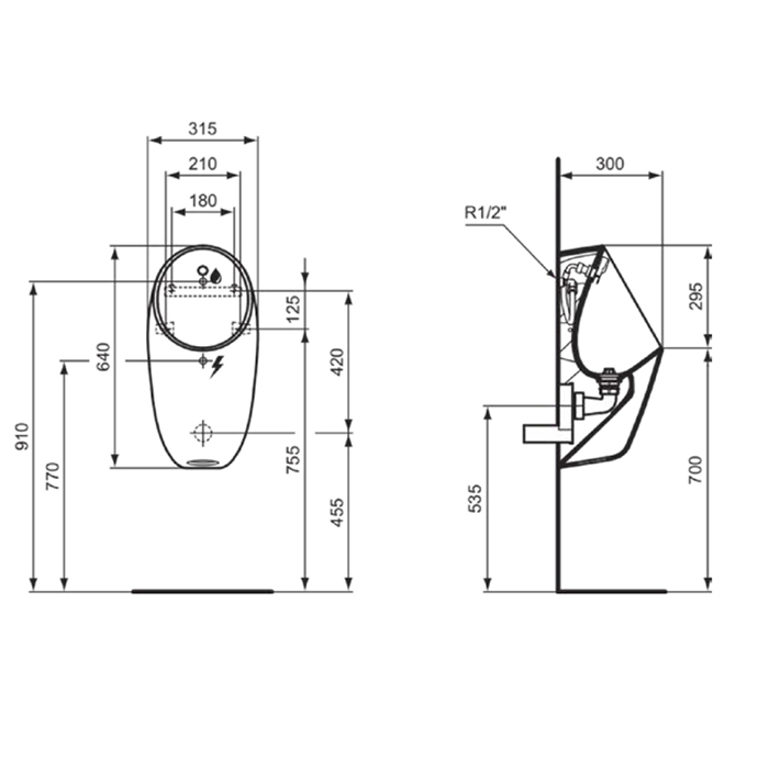 Ideal Standard i.life Писсуар подвесной 64х31х30см., Rimless сенсорный, крепеж, сифон, датчик 12в, цвет: белый глянец