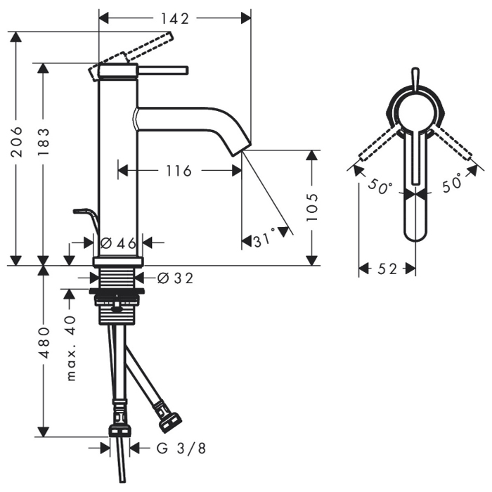 Hansgrohe Tecturis S Смеситель для раковины, 1 отв., с донным клапаном, цвет: белый матовый