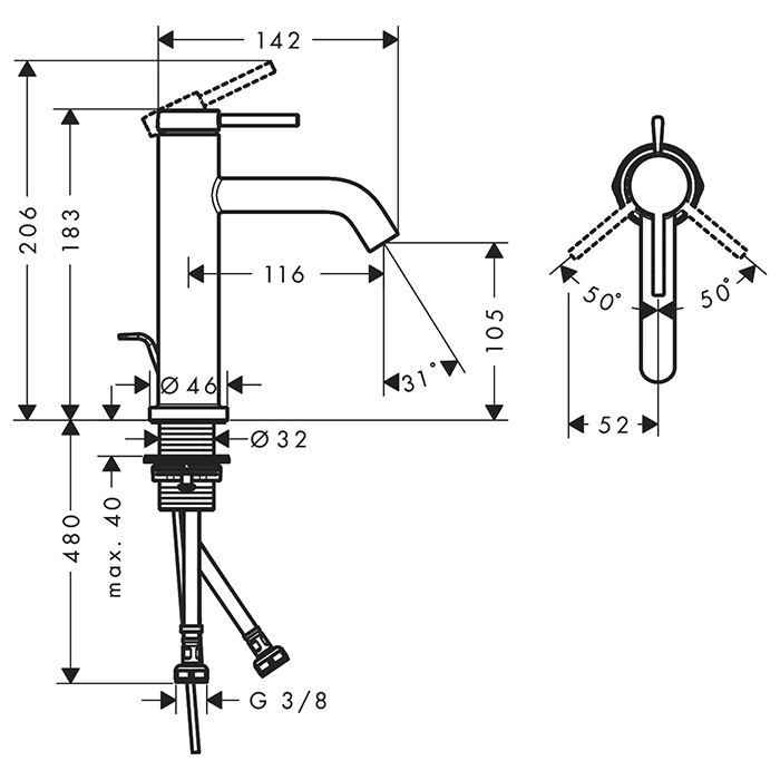 Hansgrohe Tecturis S Смеситель для раковины, на 1 отв., донным клапаном, цвет: хром