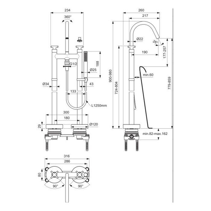 Ideal Standard Joy Neo Смеситель для ванны, напольный, с душевым набором, шлангом IDEALFLEX® 125см., цвет: хром