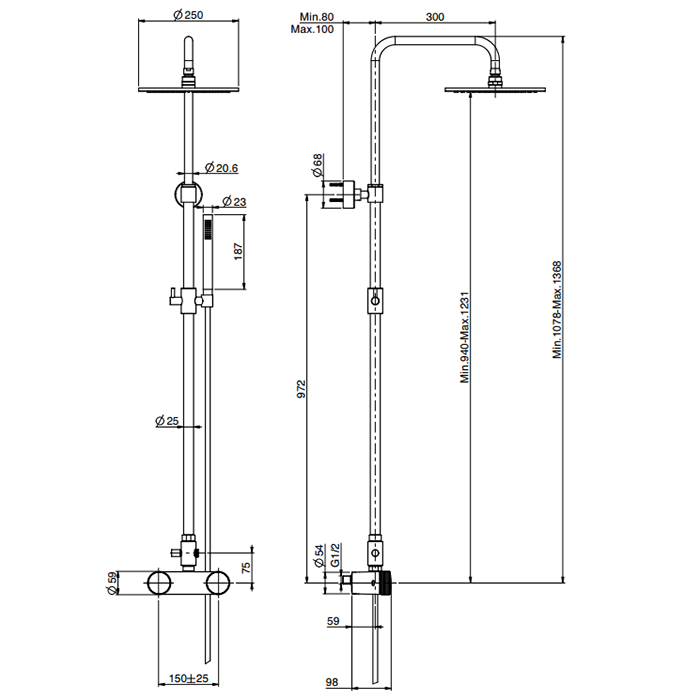 Fima Carlo Frattini Colonne doccia Душевая стойка, верхний душ 25см., с термостатическим смесителем, держателем и ручным душем, цвет: черный матовый