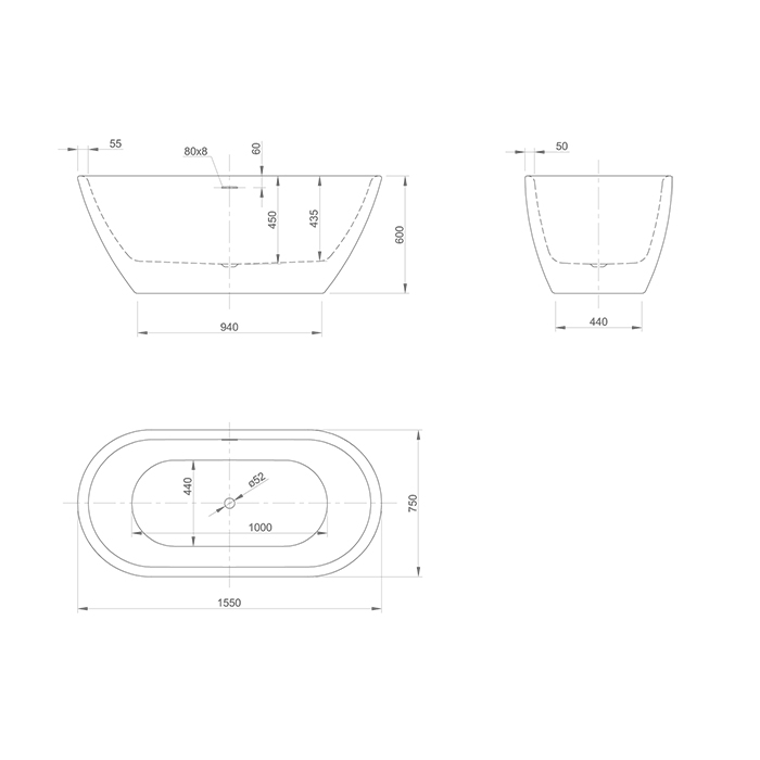 Knief Form XS Ванна отдельностоящая 155х75х60см, без слива-перелива, цвет: белый