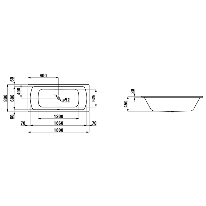 Laufen Pro Ванна встраиваемая, 180x80см, эмалированная сталь (3,5 мм), с центральным выпуском, шумоизоляционное покрытие, с отверстиями для ручек, с антискользящим покрытием, цвет: белый
