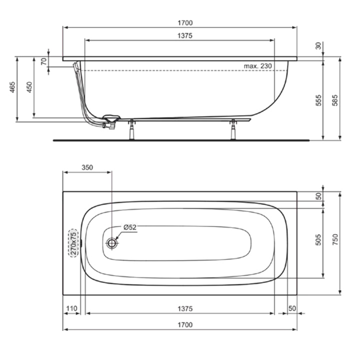Ideal Standard i.life Ванна 170x75 см, встраиваемая, акрил, без панелей, перелива, без ножек, цвет: белый глянец