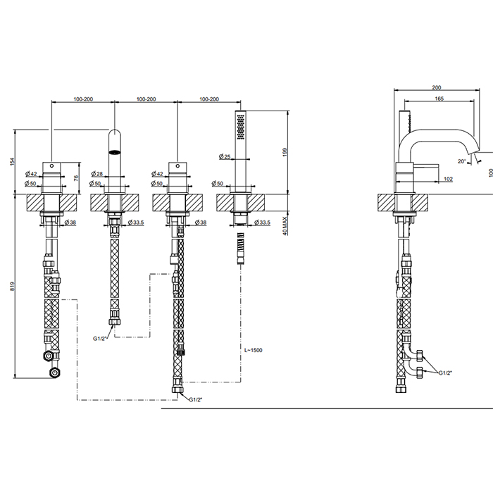 Gessi 316 Смеситель для ванны на 4 отв., с переключателем, изливом и шлангом 1,50 м, цвет: brushed black metal pvd