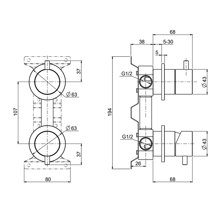 QuadroDesign Source Смеситель для душа, встраиваемый, с переключателем на 2 потребителя, цвет: brushed stainless steel