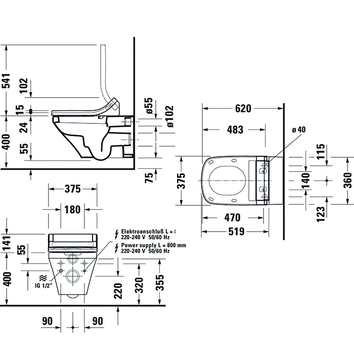 Duravit DuraStyle Унитаз подвесной 62х37см., для крышки-биде Sensowash, с креплением, цвет: белый