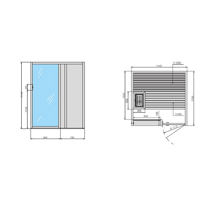 Effegibi Yoku S Door Сауна 174x170х214см, угловая DX, цвет: термообработанная древесина