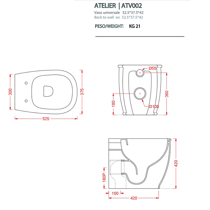 Artceram Atelier Унитаз напольный, 52х37хh42см, безободковый, слив универсальный, с крепежом, цвет: белый
